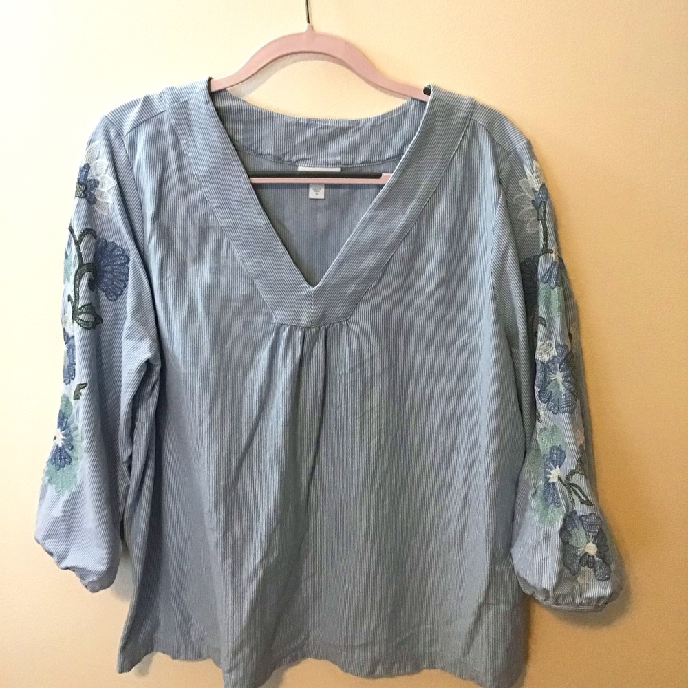 J. Jill Blue Striped Floral Embroidered V-Neck Blouse